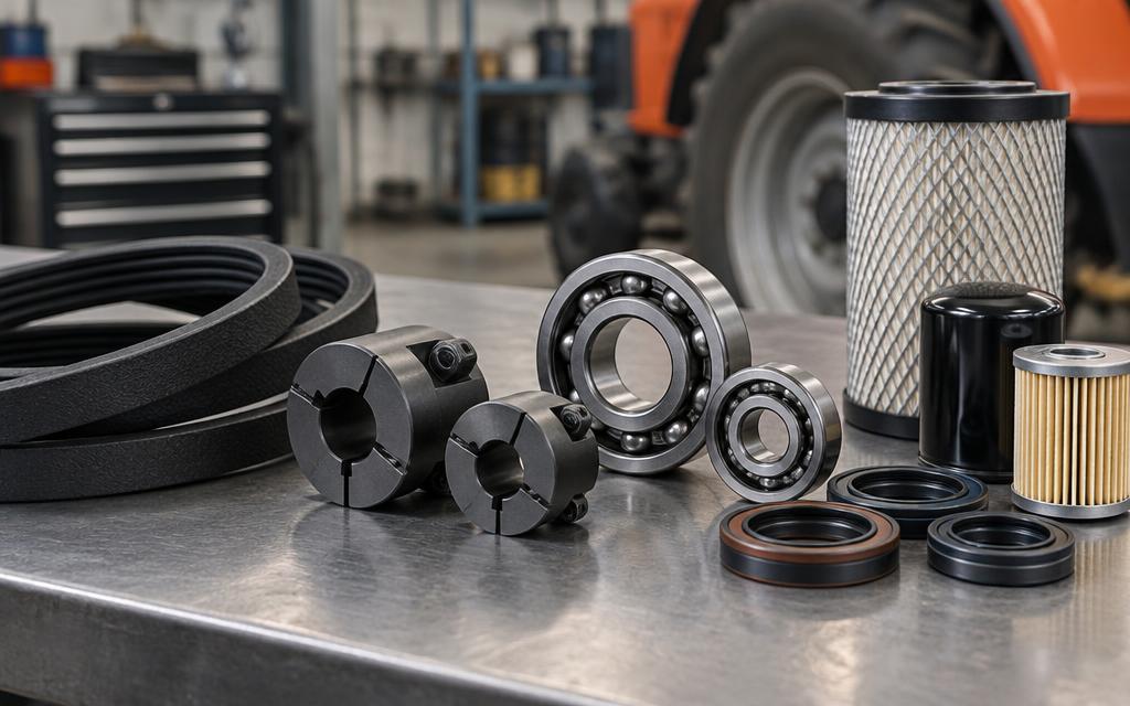 Agricultural machinery spare parts — belts, bearings, seals and filters on a workbench