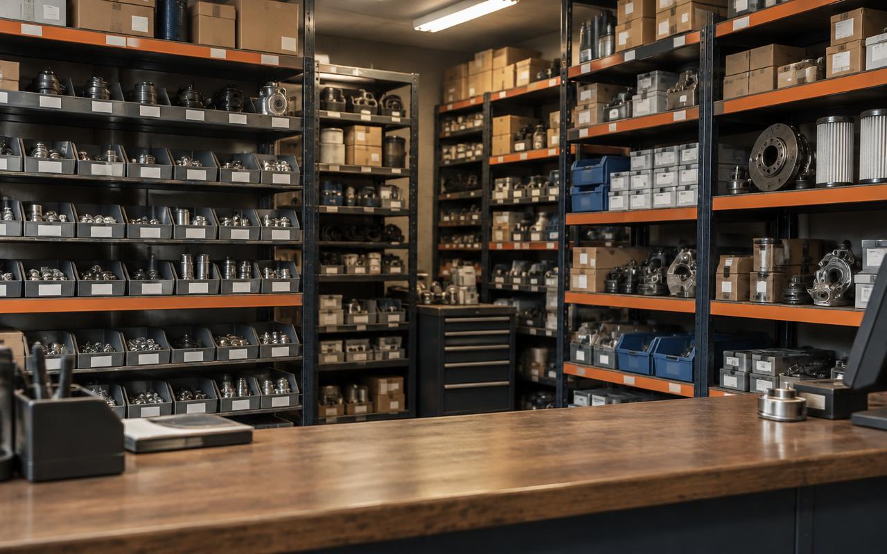 Spare parts storeroom shelving packed with bins and boxed components