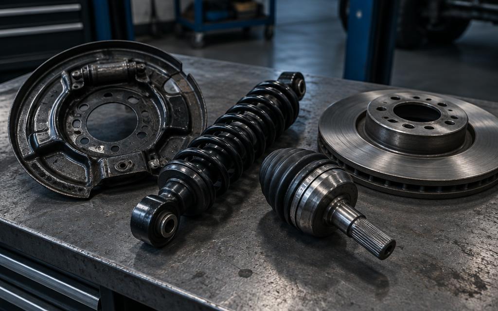 Commercial vehicle spare parts — brake plate, shock absorber and CV joint on a workshop bench