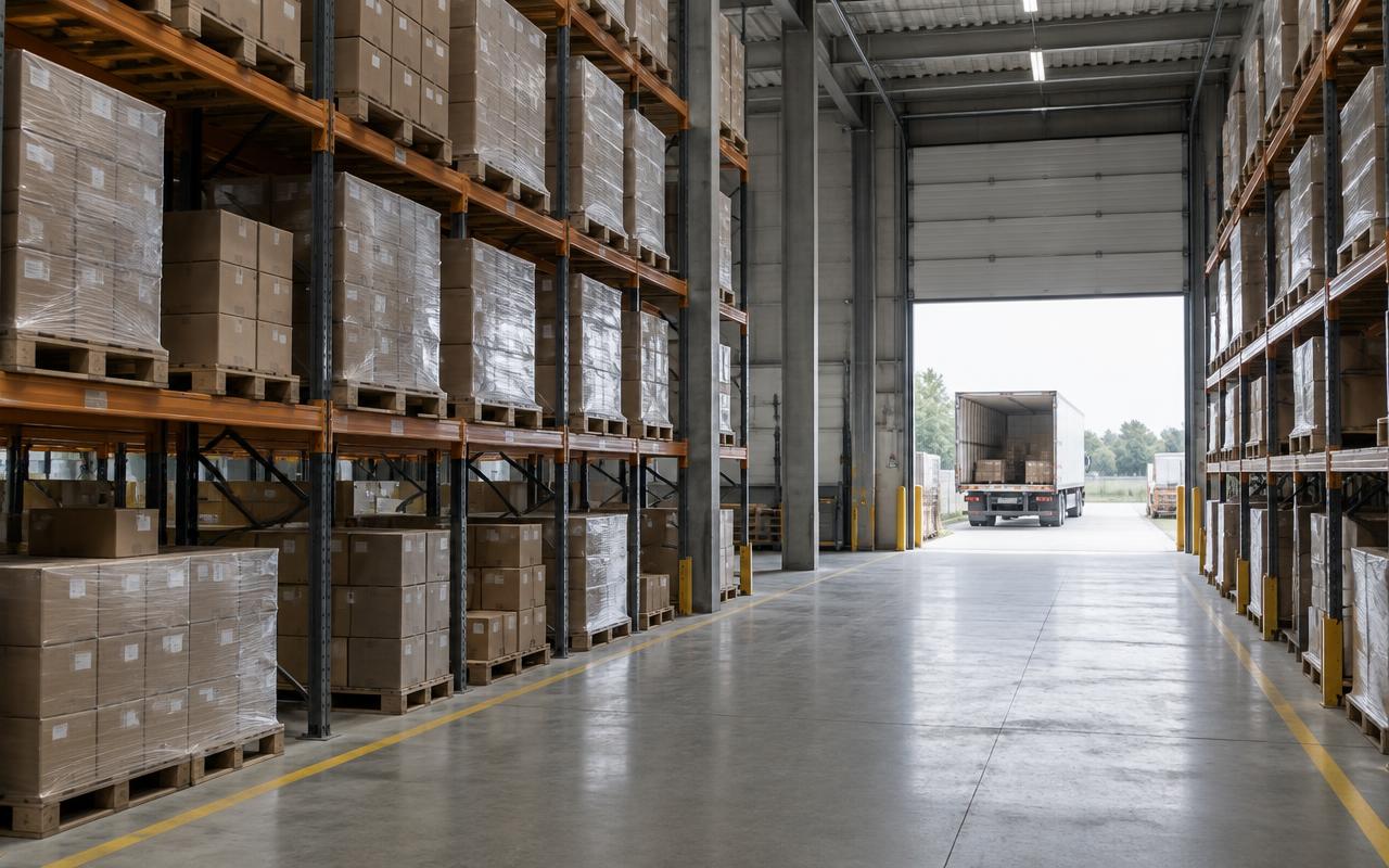 Distribution warehouse racking loaded with pallets and boxes